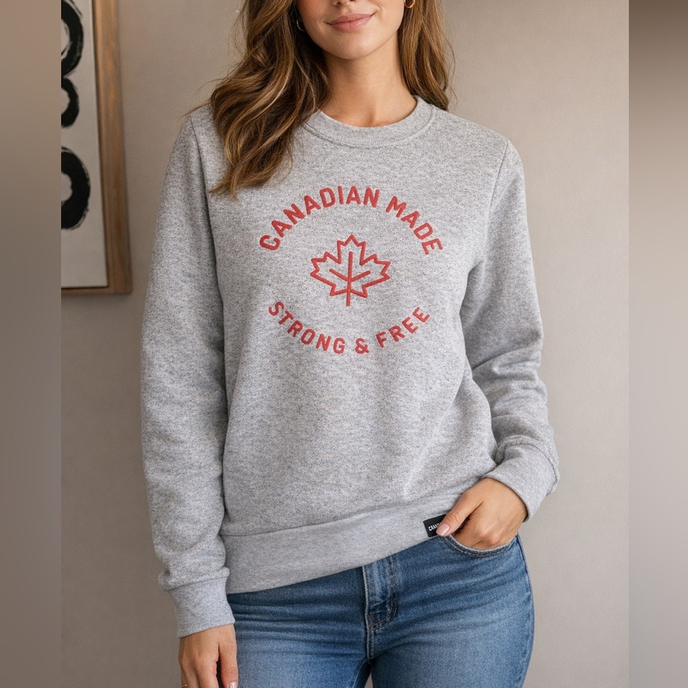Canadian Made “Strong & Free” Grey Crewneck – Maple Leaf Graphic Sweatshirt